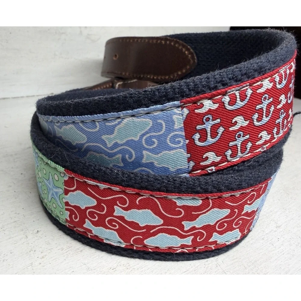 Vineyard Vines Whale Belt Canvas Leather Fish Starfish Anchor Preppy Sz 32 Lk Nw